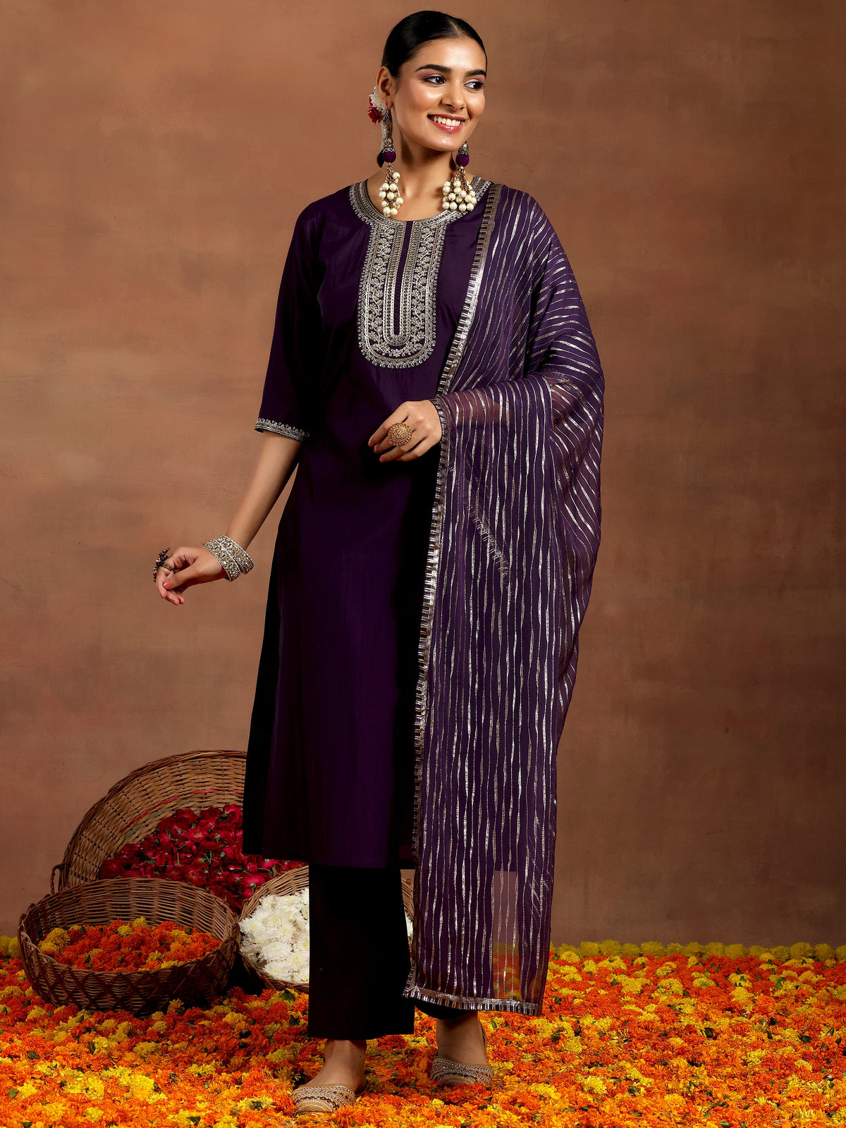 Anouk Purple Yoke Design Silk Blend Straight Suit With Dupatta