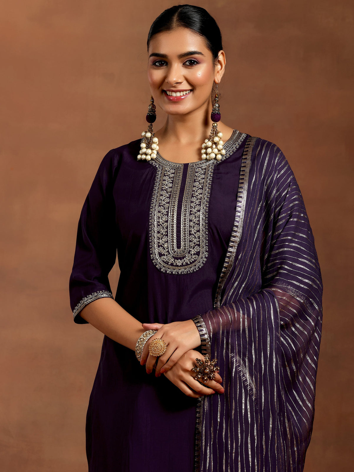 Anouk Purple Yoke Design Silk Blend Straight Suit With Dupatta