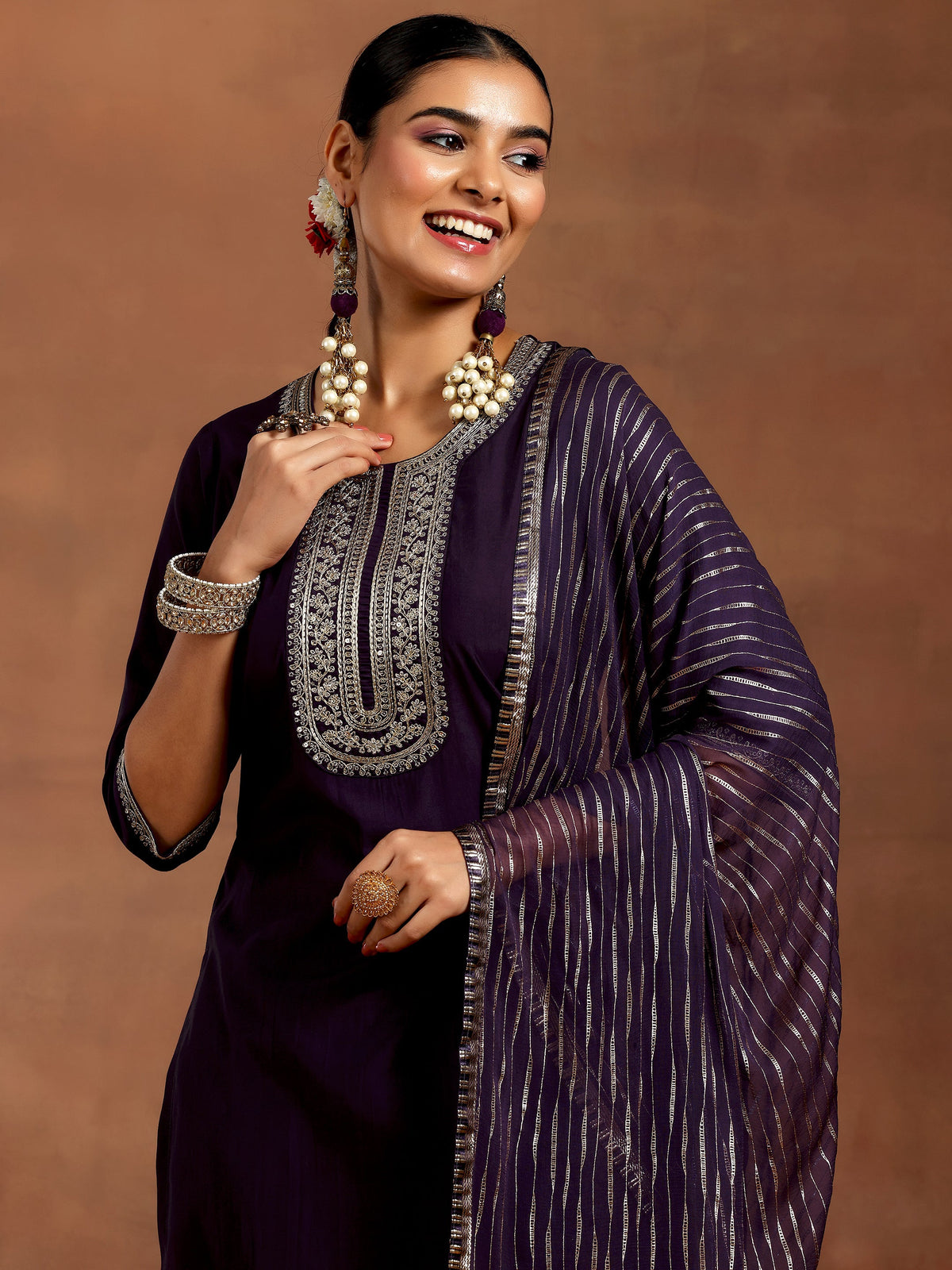 Anouk Purple Yoke Design Silk Blend Straight Suit With Dupatta