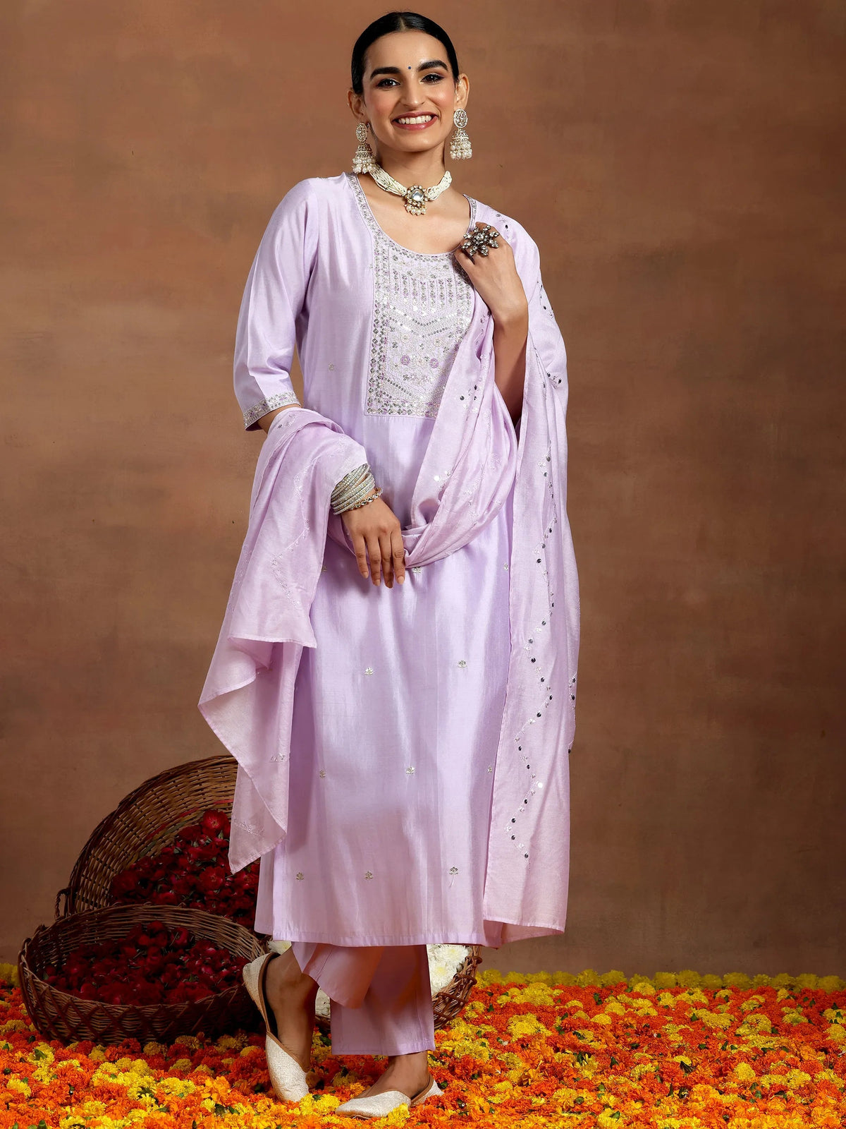 Anouk Lavender Yoke Design Silk Blend Straight Suit With Dupatta