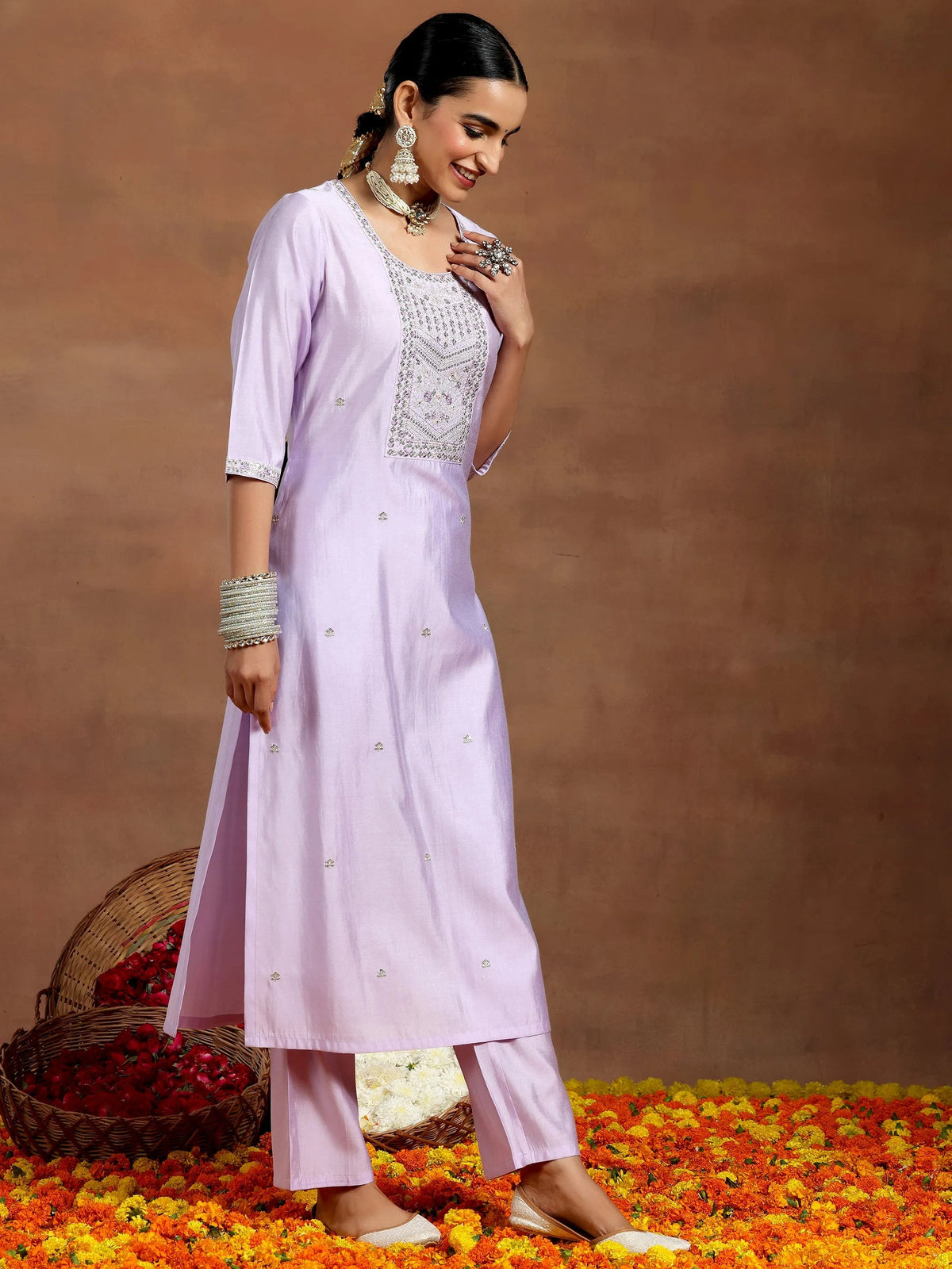 Anouk Lavender Yoke Design Silk Blend Straight Suit With Dupatta