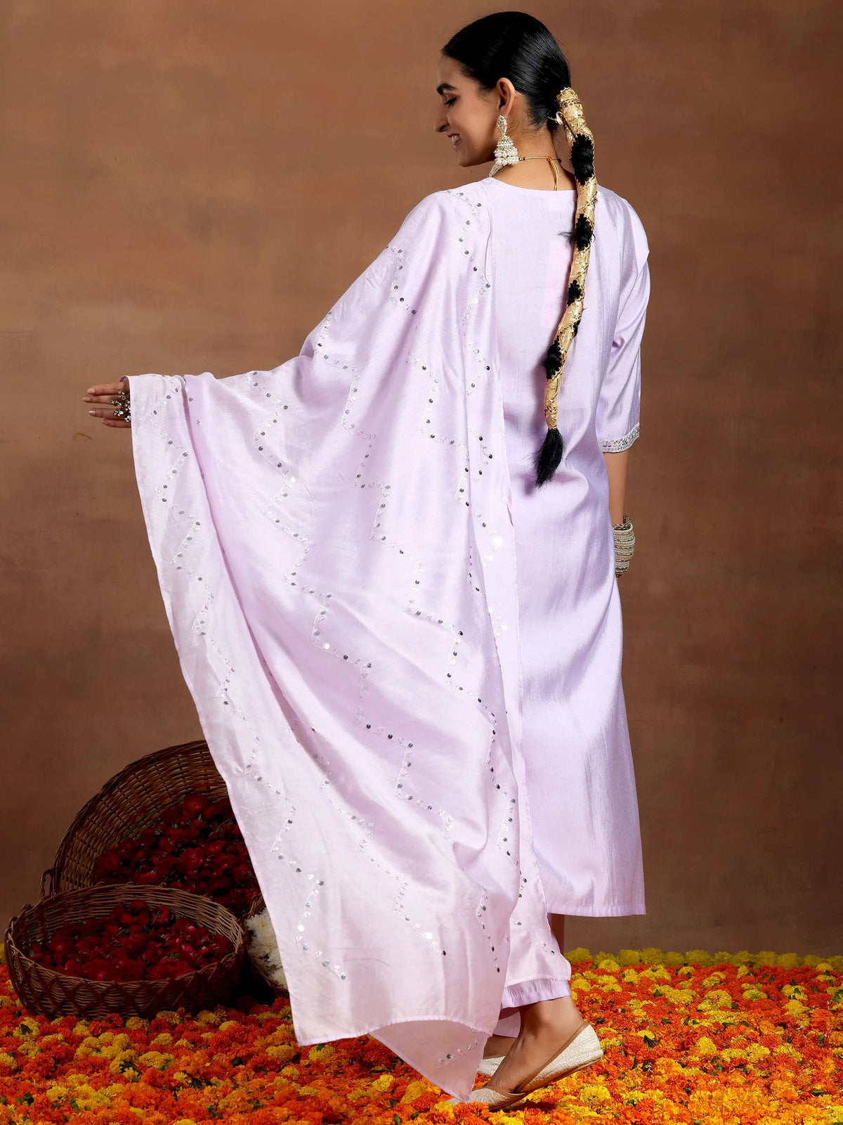 Anouk Lavender Yoke Design Silk Blend Straight Suit With Dupatta