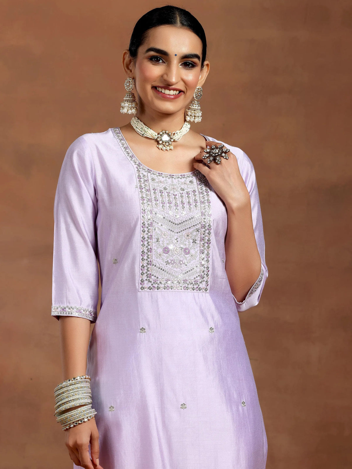 Anouk Lavender Yoke Design Silk Blend Straight Suit With Dupatta
