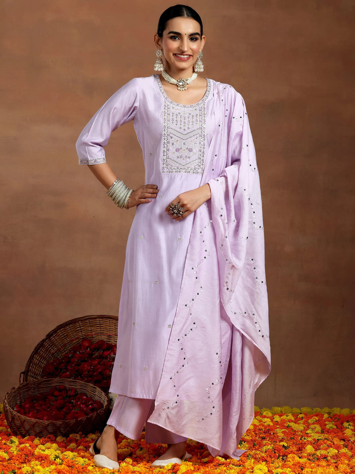 Anouk Lavender Yoke Design Silk Blend Straight Suit With Dupatta