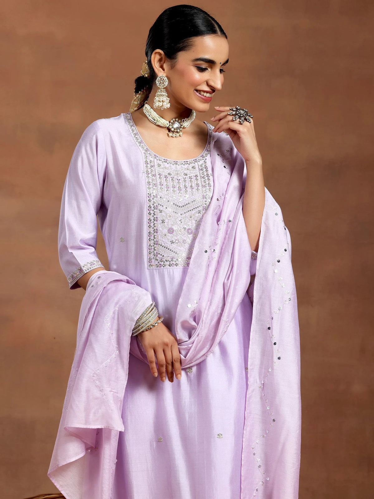 Anouk Lavender Yoke Design Silk Blend Straight Suit With Dupatta