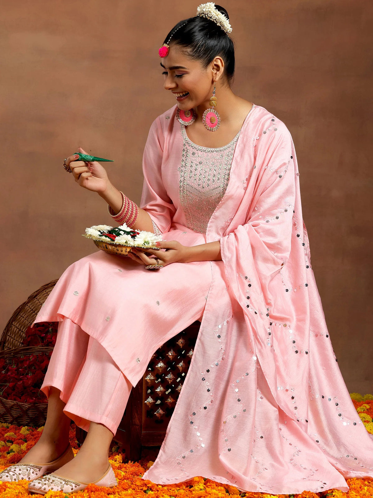 Anouk Peach Yoke Design Silk Blend Straight Suit With Dupatta