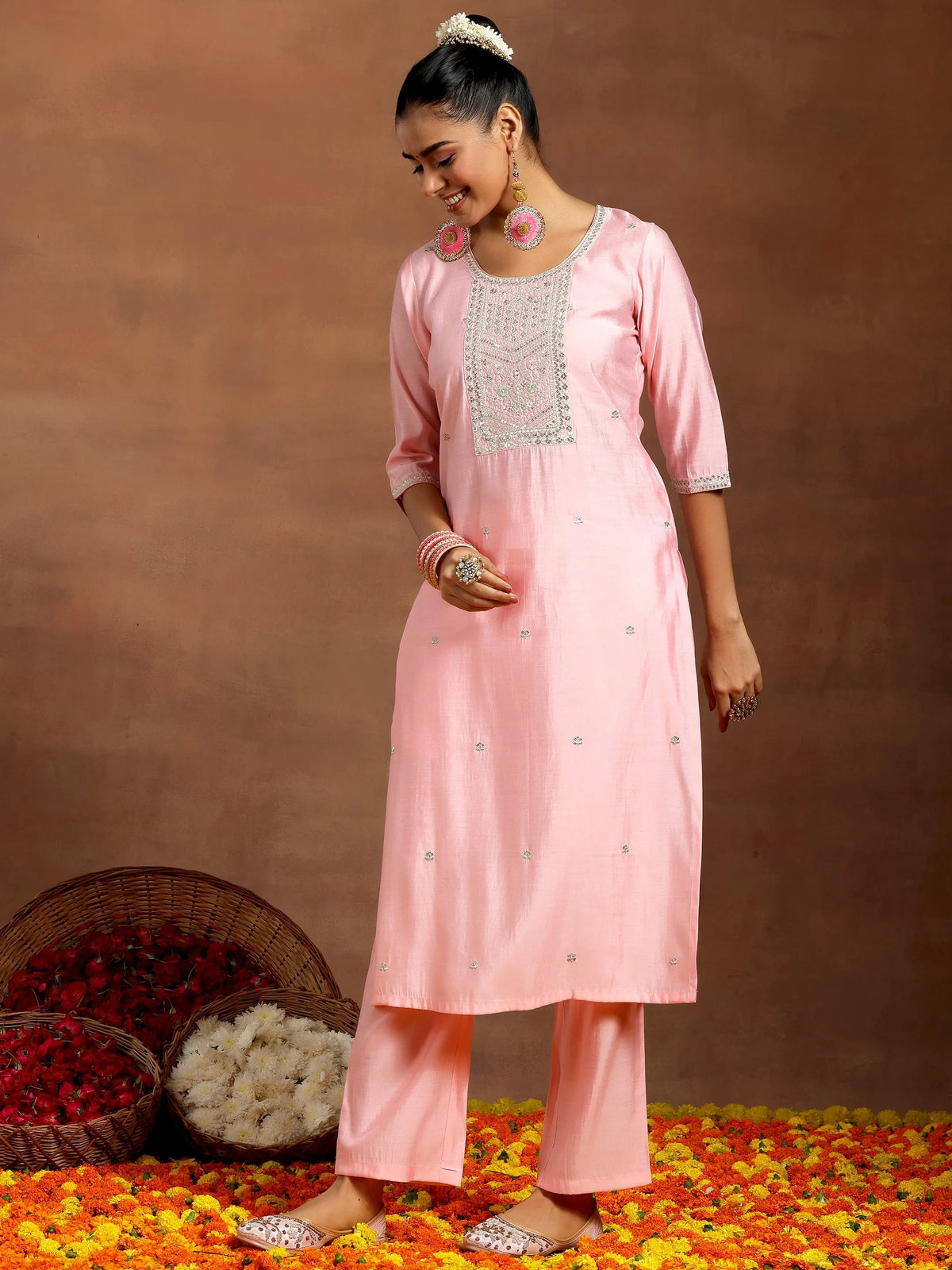 Anouk Peach Yoke Design Silk Blend Straight Suit With Dupatta