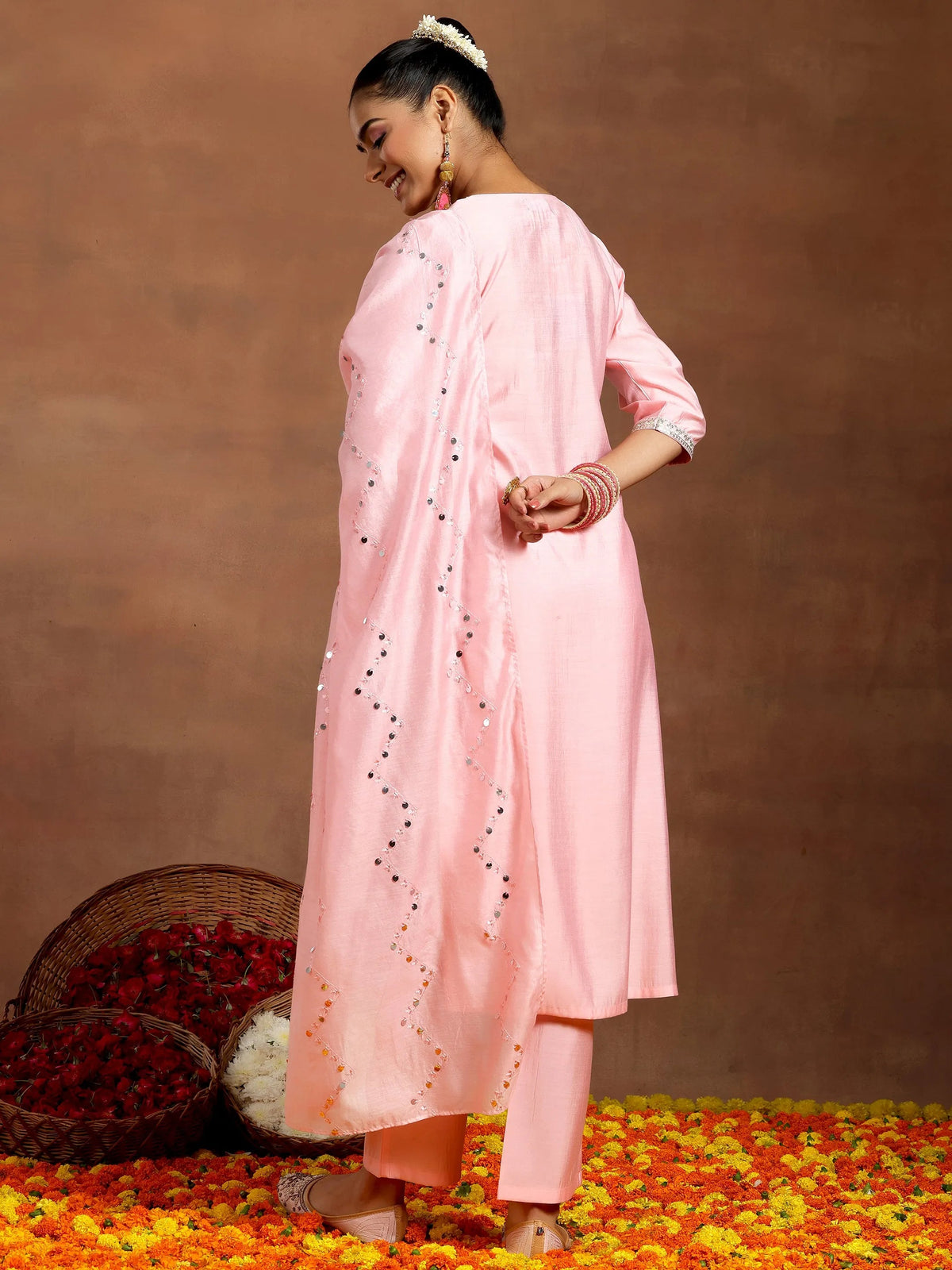 Anouk Peach Yoke Design Silk Blend Straight Suit With Dupatta