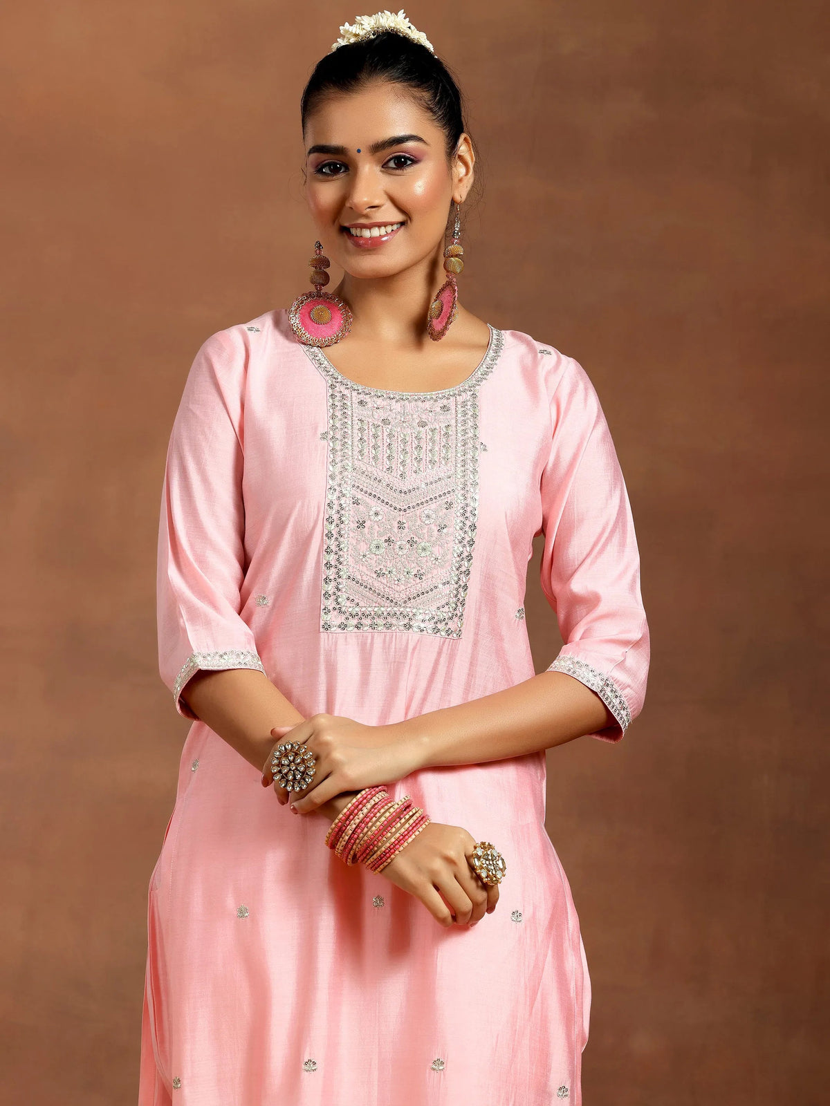 Anouk Peach Yoke Design Silk Blend Straight Suit With Dupatta