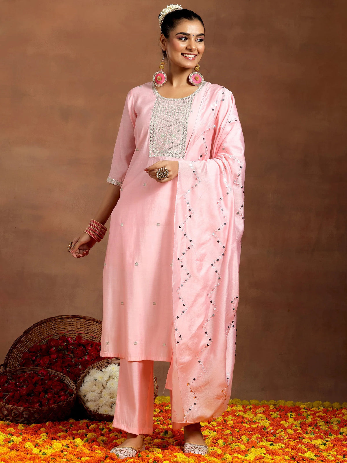 Anouk Peach Yoke Design Silk Blend Straight Suit With Dupatta