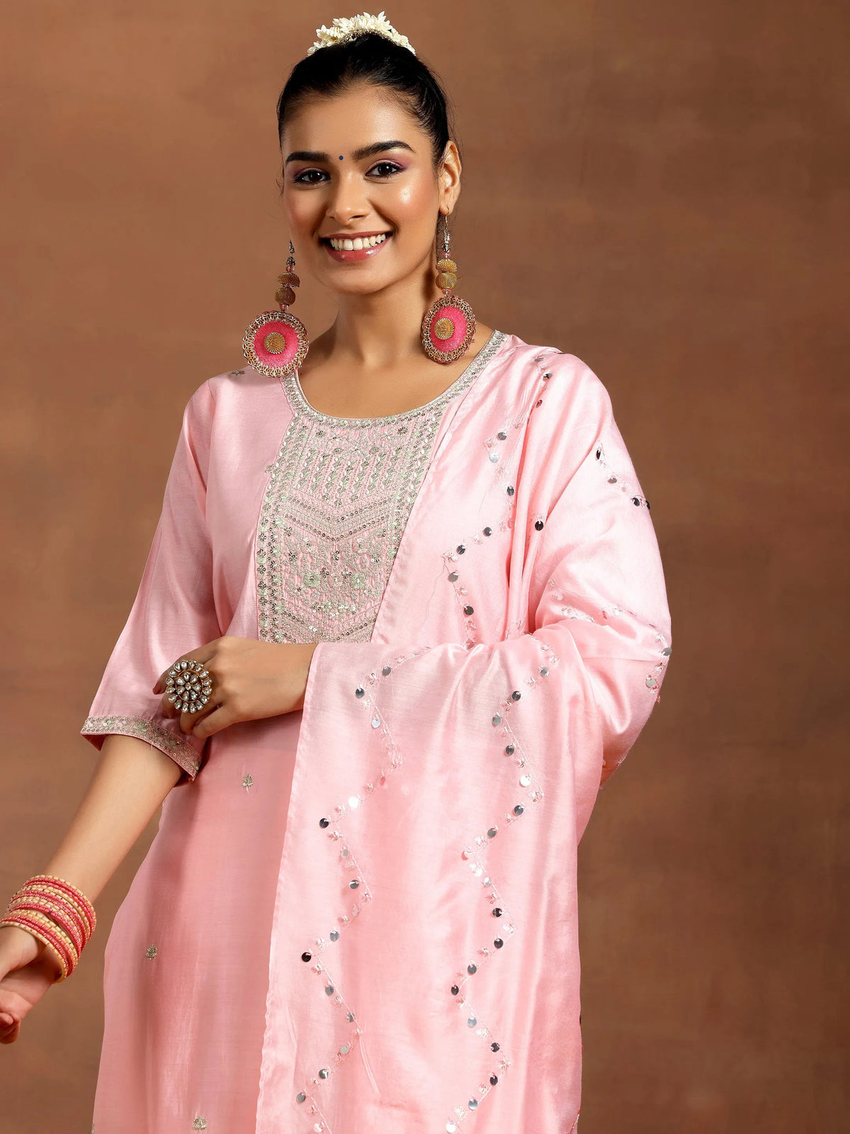 Anouk Peach Yoke Design Silk Blend Straight Suit With Dupatta