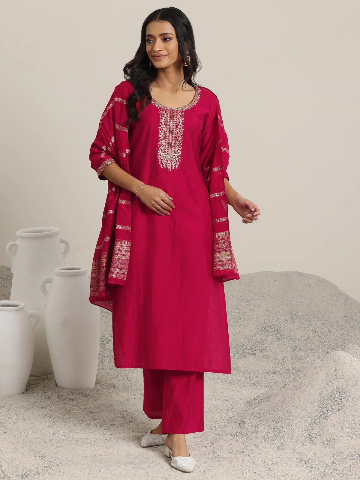 Anouk Red Yoke Design Silk Blend Straight Suit With Dupatta