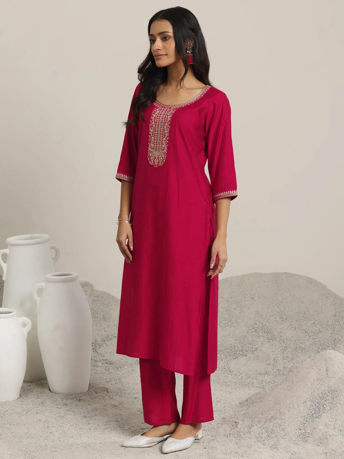 Anouk Red Yoke Design Silk Blend Straight Suit With Dupatta