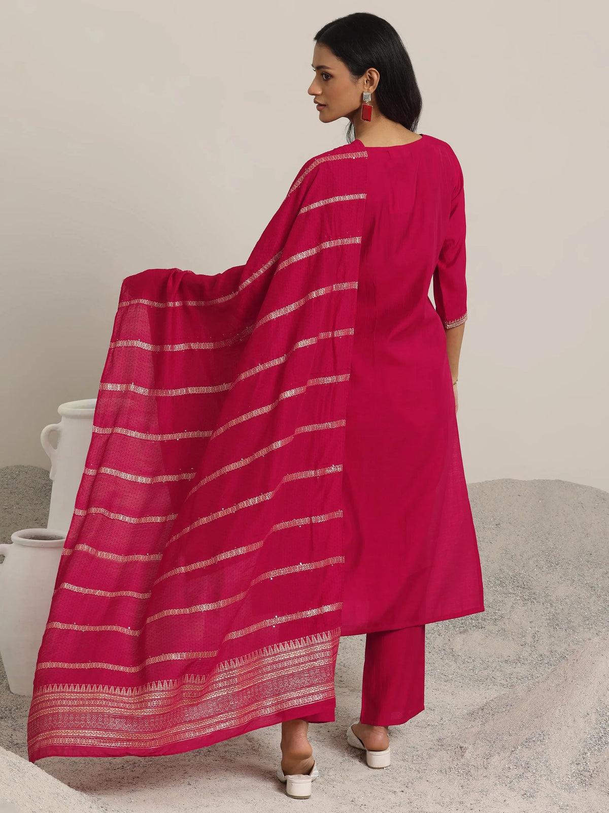 Anouk Red Yoke Design Silk Blend Straight Suit With Dupatta