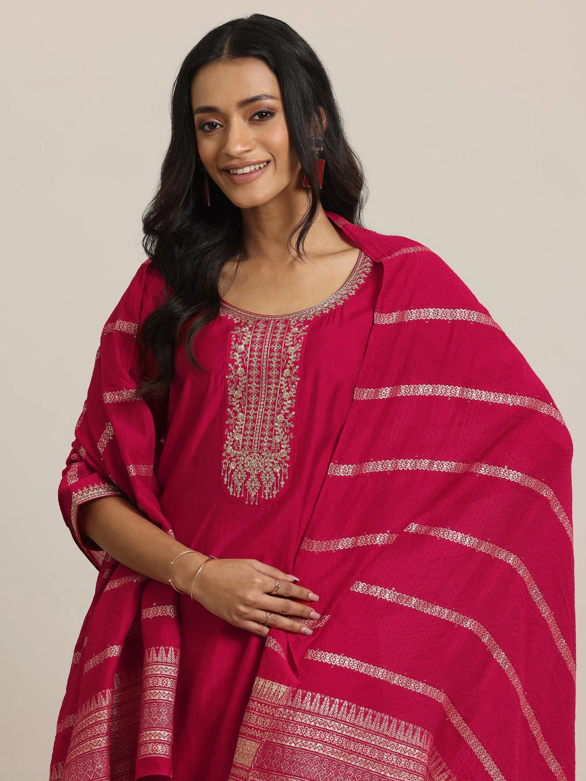 Anouk Red Yoke Design Silk Blend Straight Suit With Dupatta