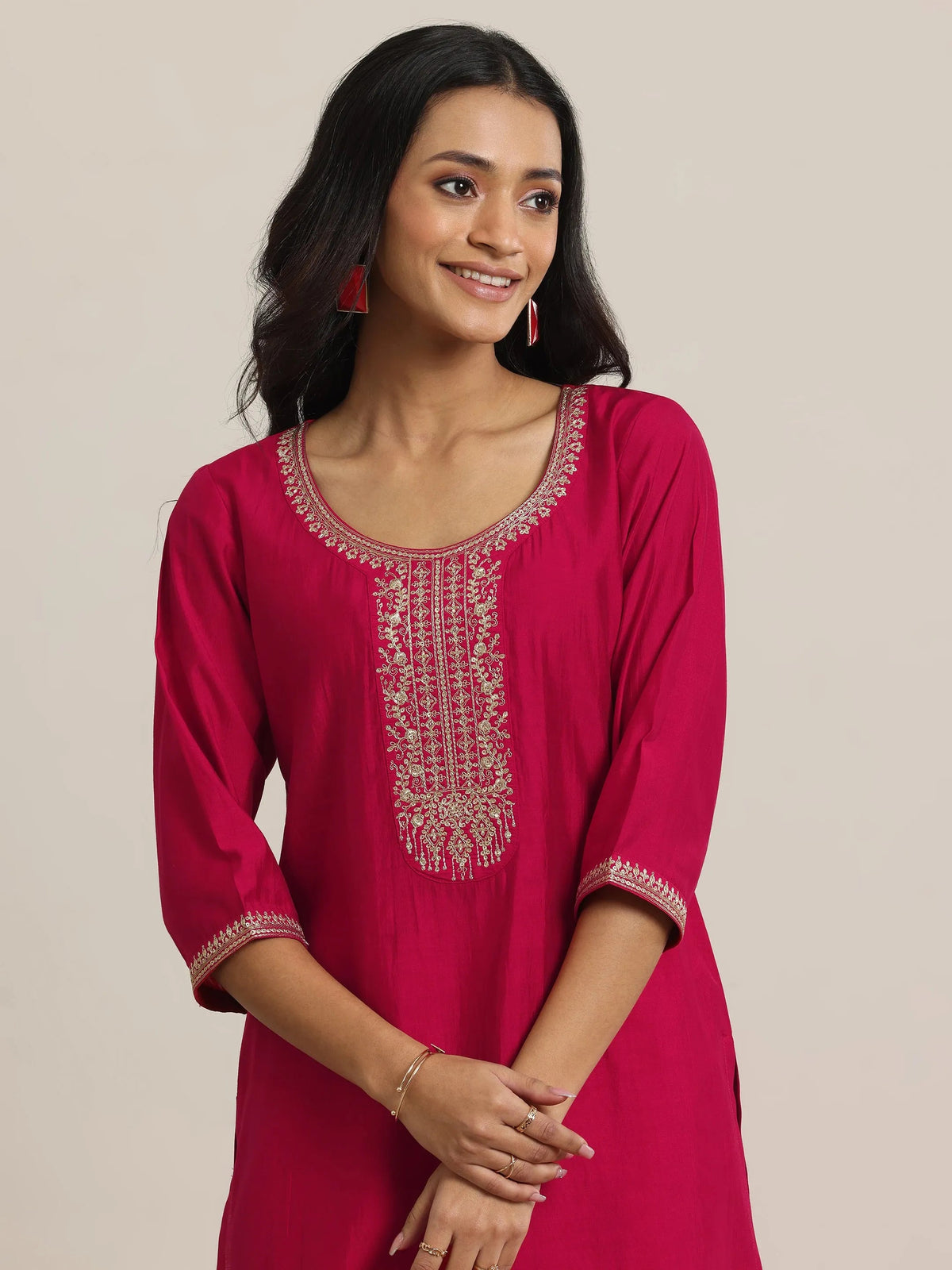 Anouk Red Yoke Design Silk Blend Straight Suit With Dupatta