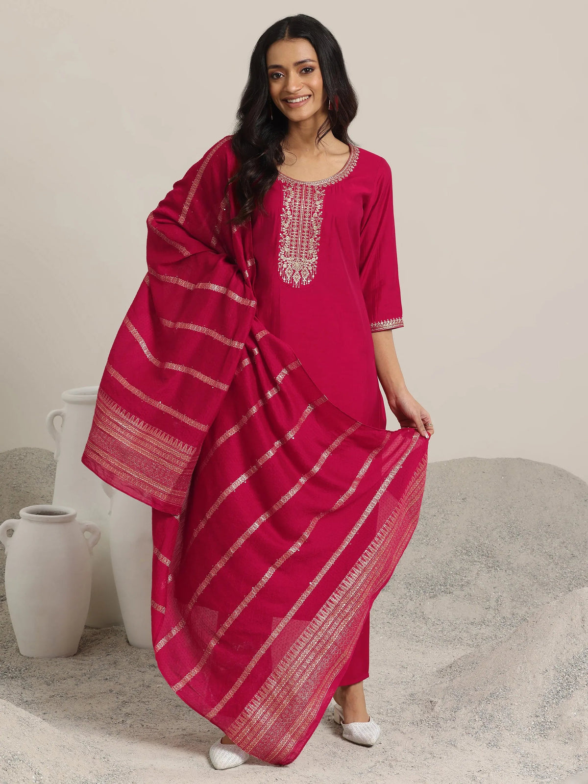 Anouk Red Yoke Design Silk Blend Straight Suit With Dupatta