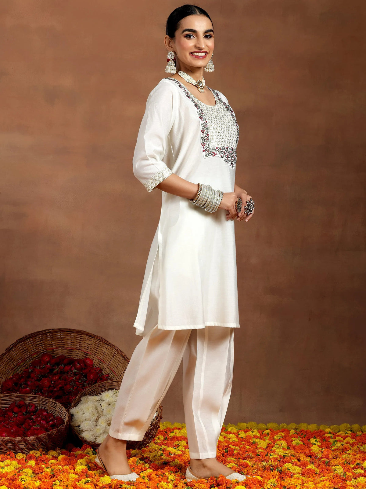 Anouk White Yoke Design Silk Blend Straight Suit With Dupatta