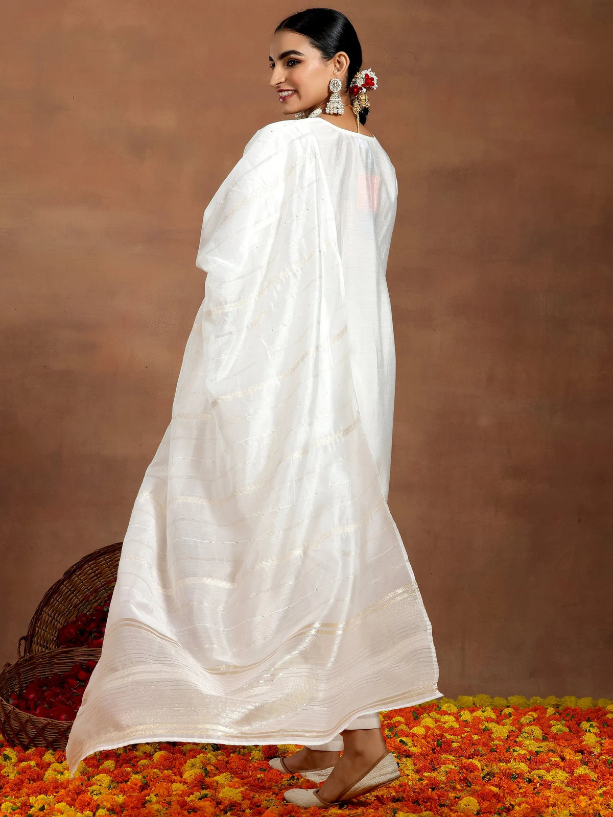Anouk White Yoke Design Silk Blend Straight Suit With Dupatta