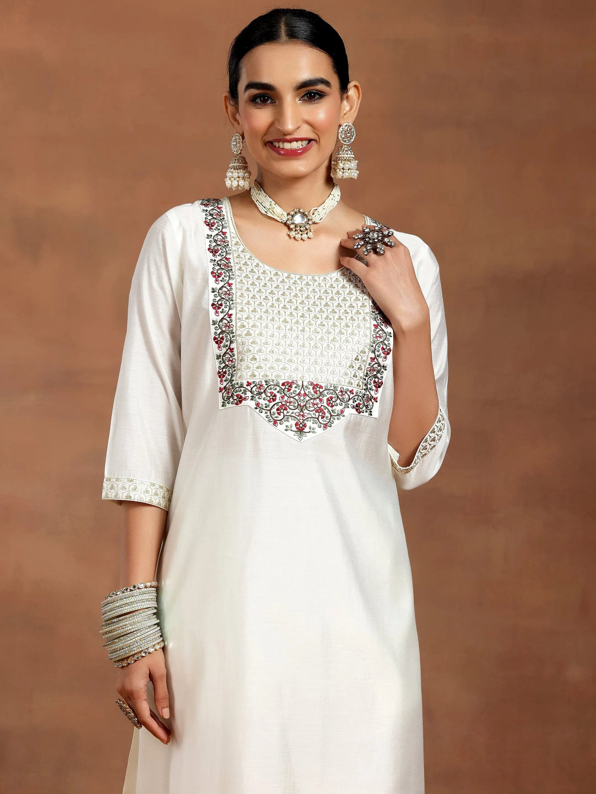 Anouk White Yoke Design Silk Blend Straight Suit With Dupatta
