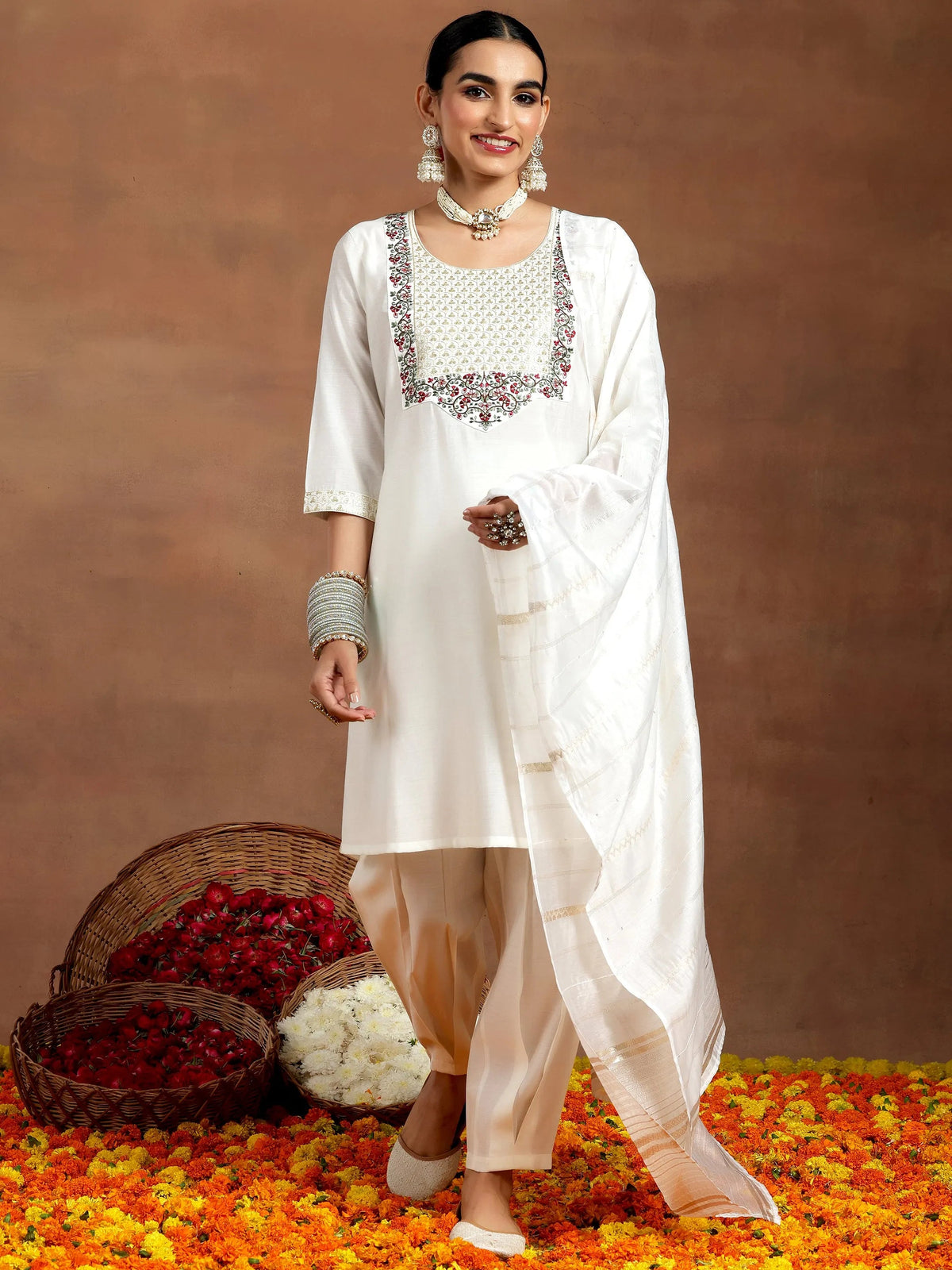 Anouk White Yoke Design Silk Blend Straight Suit With Dupatta