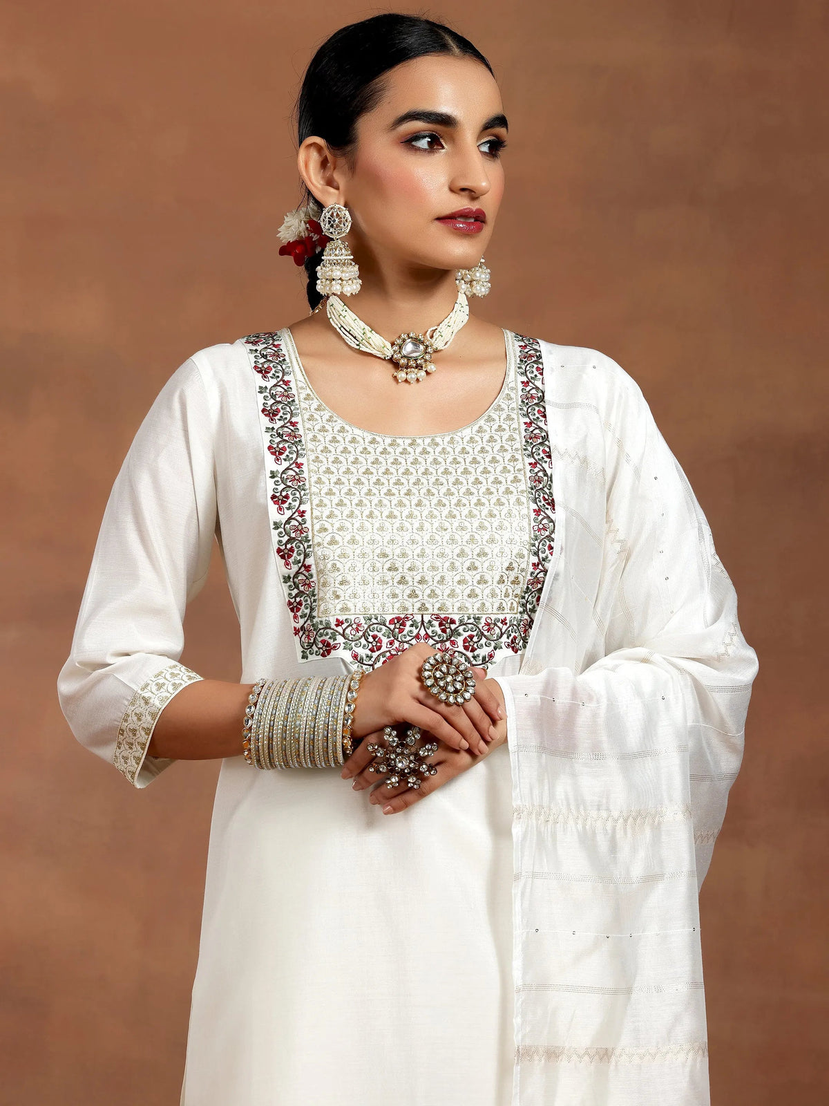 Anouk White Yoke Design Silk Blend Straight Suit With Dupatta
