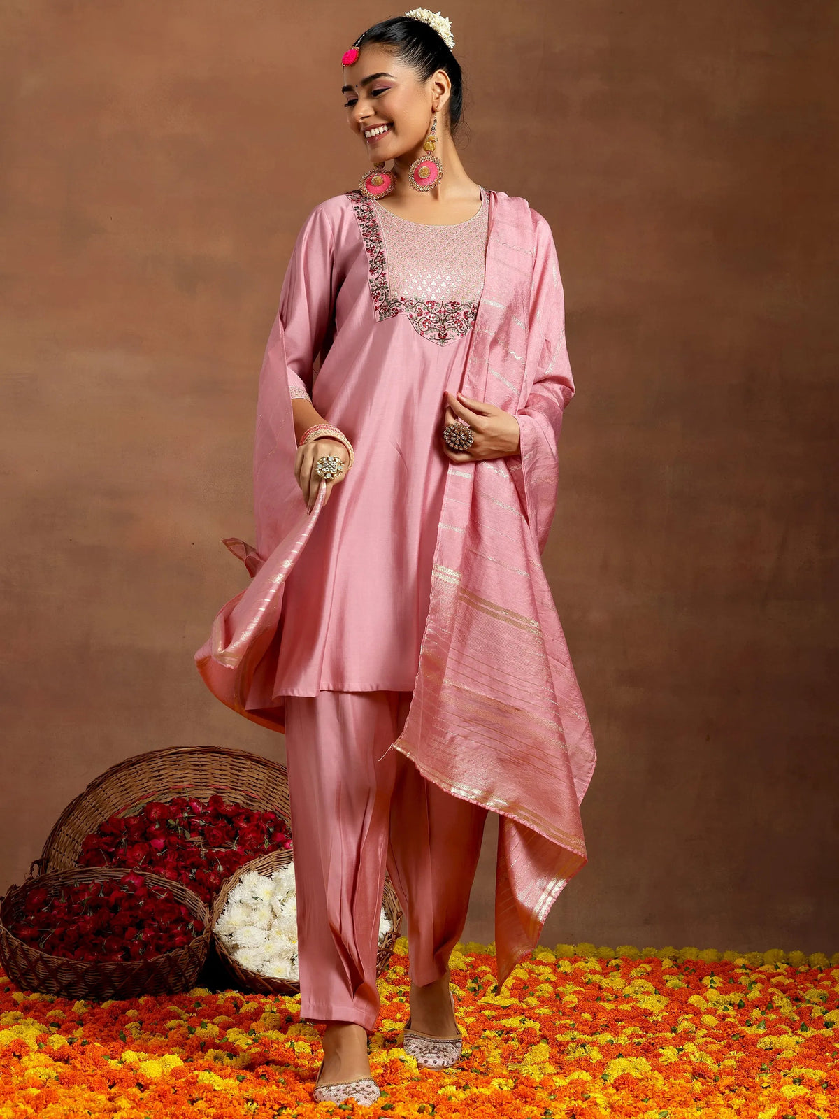 Anouk Pink Yoke Design Silk Blend Straight Suit With Dupatta