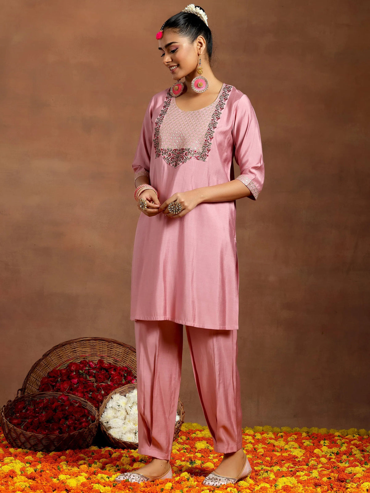 Anouk Pink Yoke Design Silk Blend Straight Suit With Dupatta