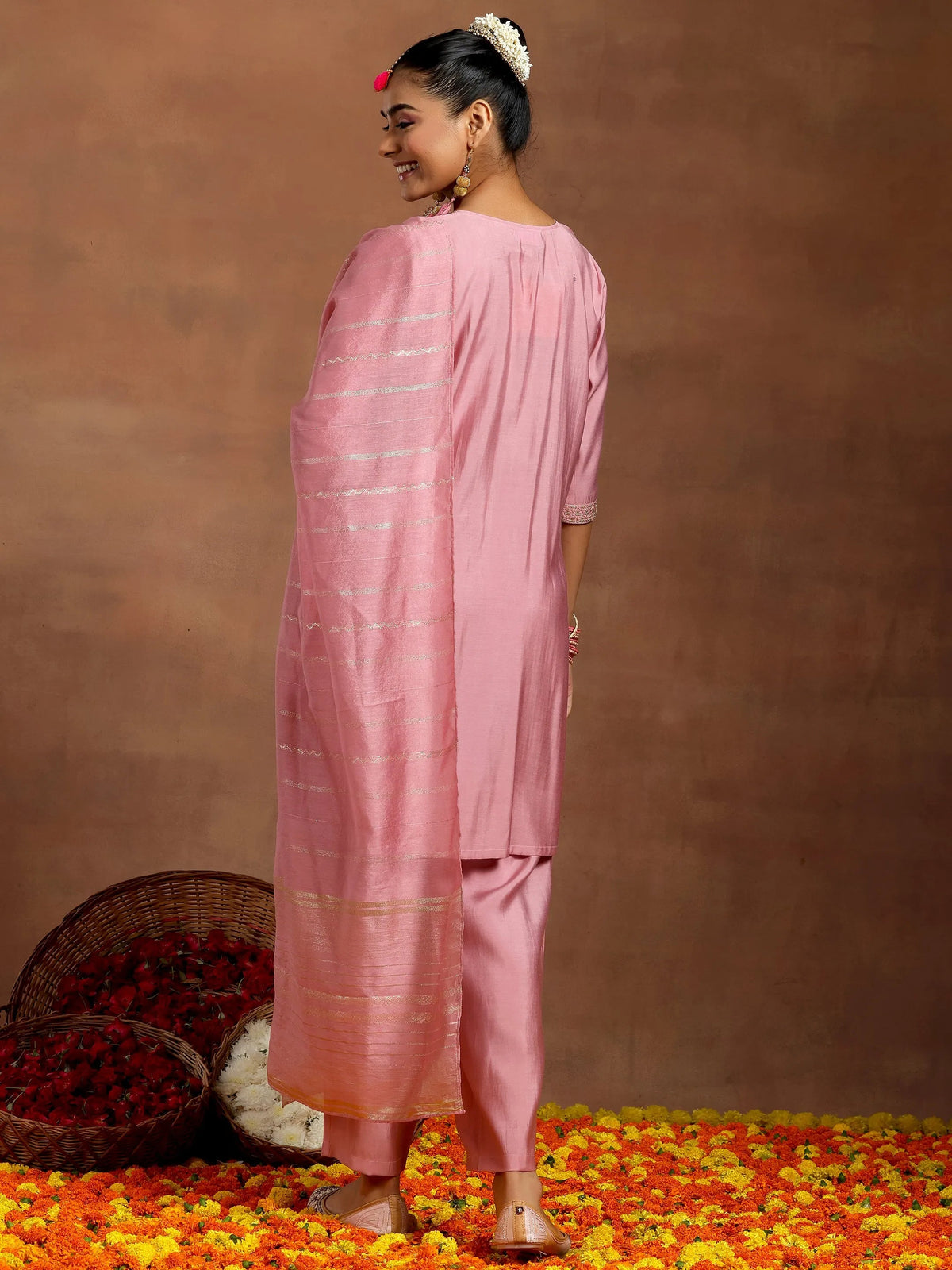 Anouk Pink Yoke Design Silk Blend Straight Suit With Dupatta
