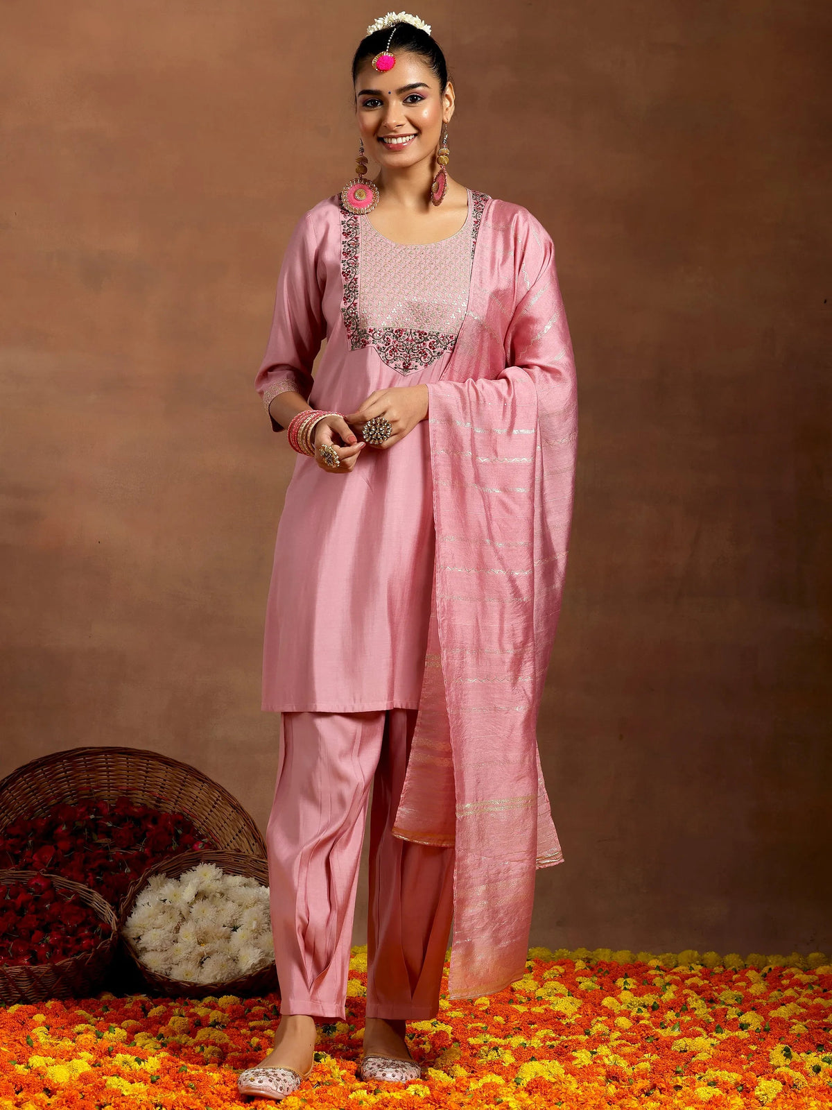Anouk Pink Yoke Design Silk Blend Straight Suit With Dupatta