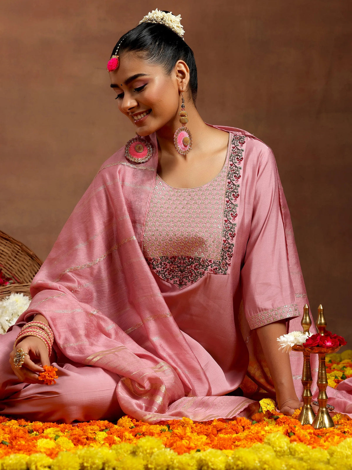 Anouk Pink Yoke Design Silk Blend Straight Suit With Dupatta