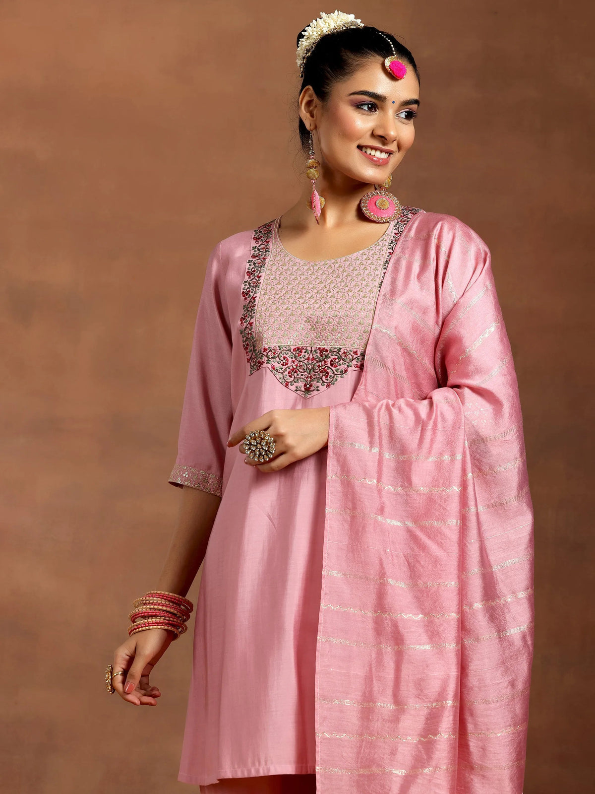 Anouk Pink Yoke Design Silk Blend Straight Suit With Dupatta