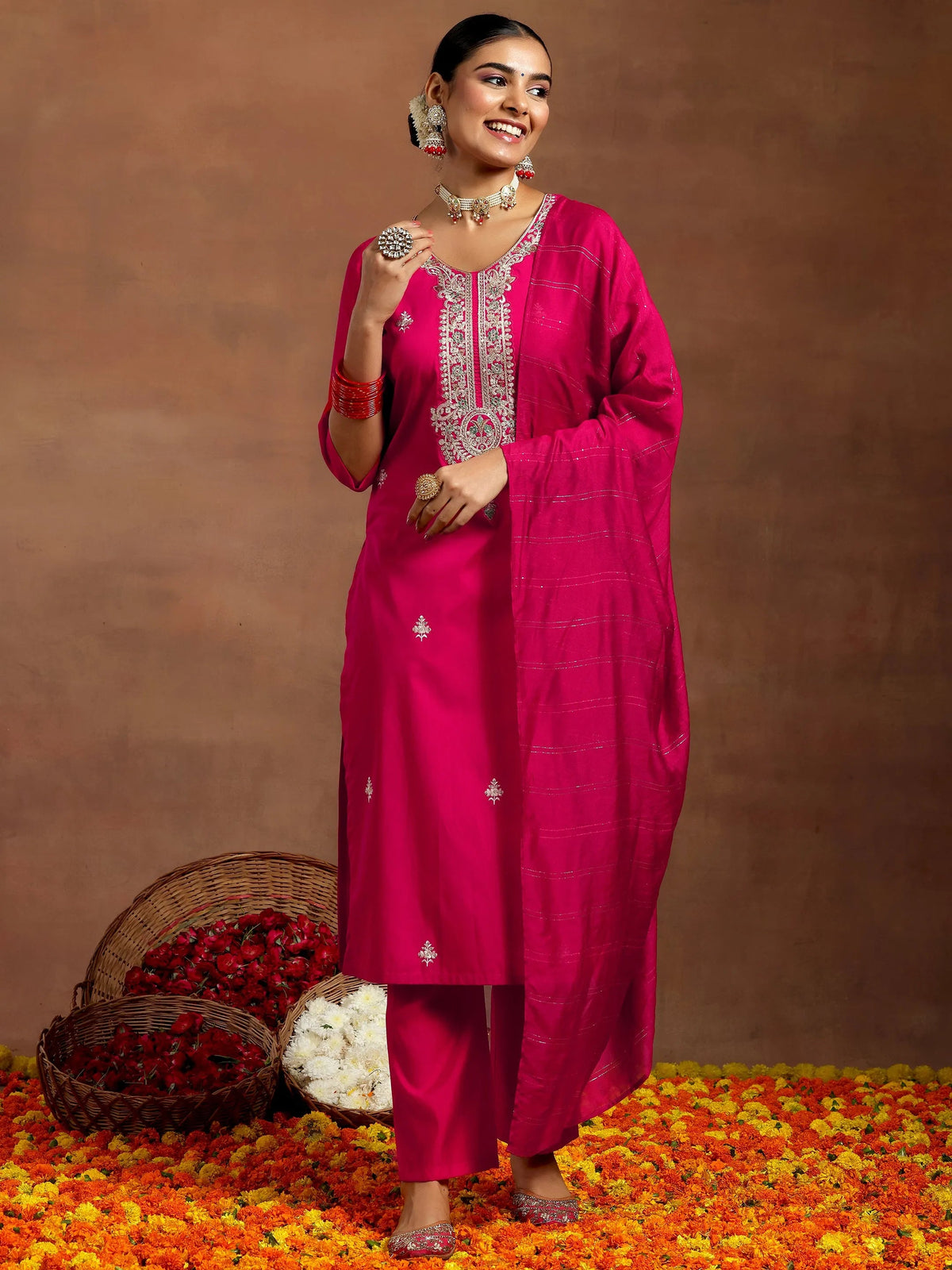 Anouk Pink Yoke Design Silk Blend Straight Suit With Dupatta