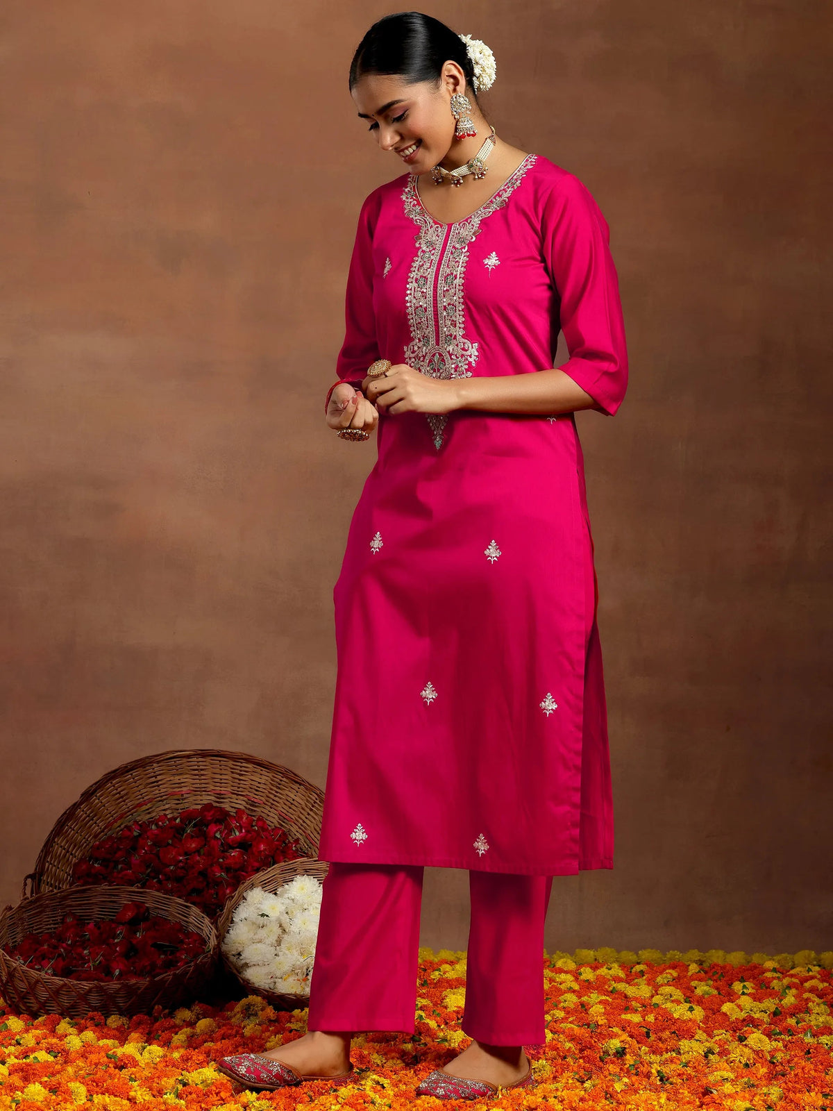 Anouk Pink Yoke Design Silk Blend Straight Suit With Dupatta