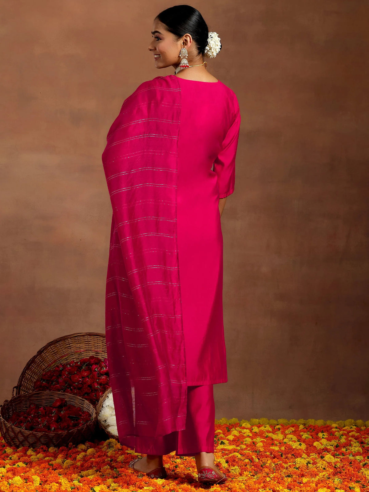 Anouk Pink Yoke Design Silk Blend Straight Suit With Dupatta