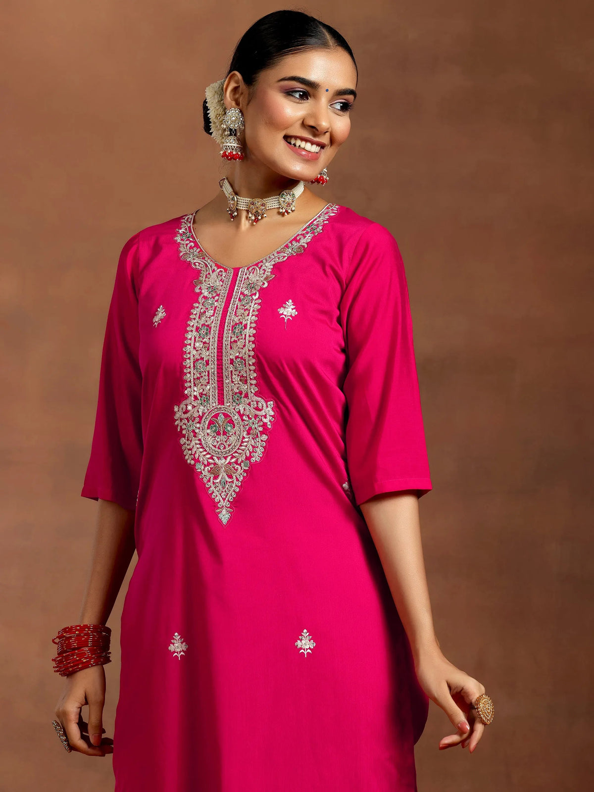 Anouk Pink Yoke Design Silk Blend Straight Suit With Dupatta