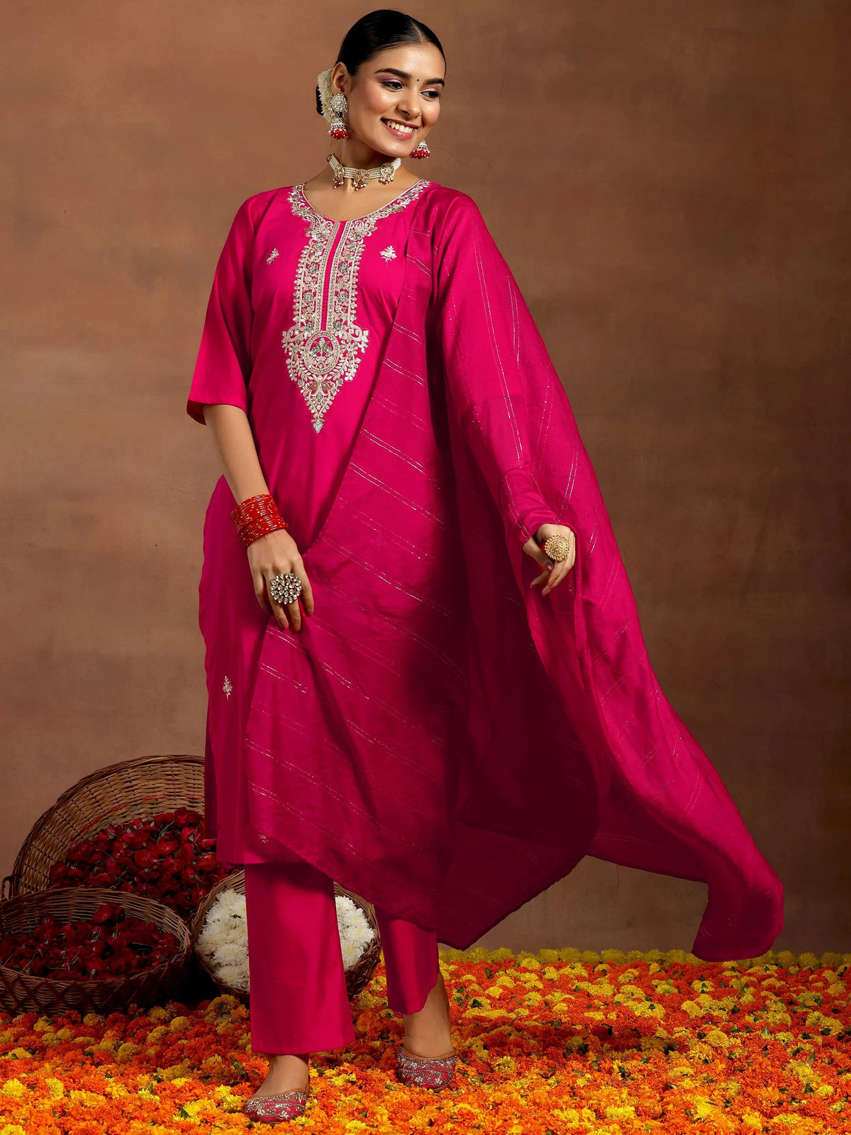 Anouk Pink Yoke Design Silk Blend Straight Suit With Dupatta