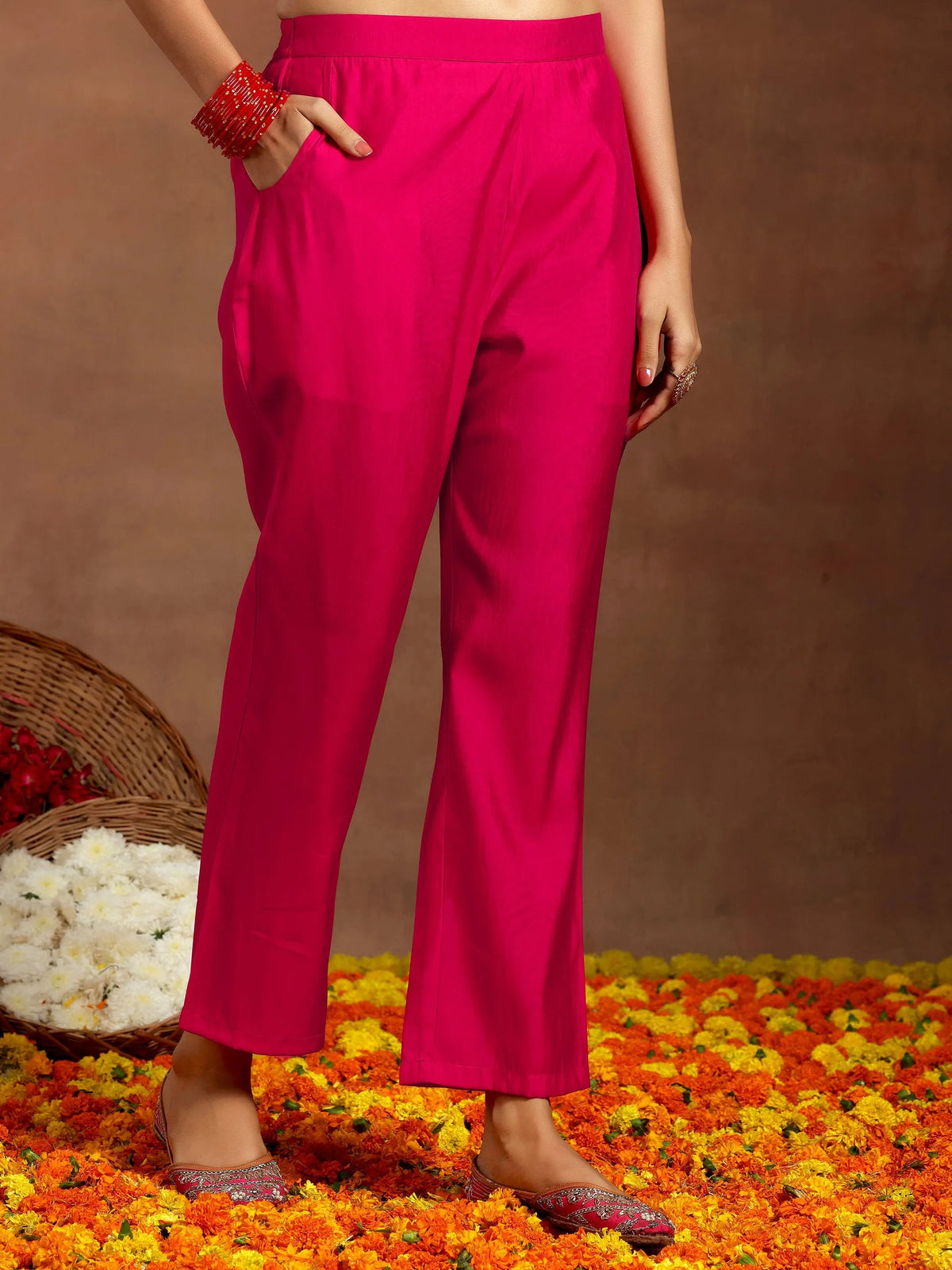 Anouk Pink Yoke Design Silk Blend Straight Suit With Dupatta