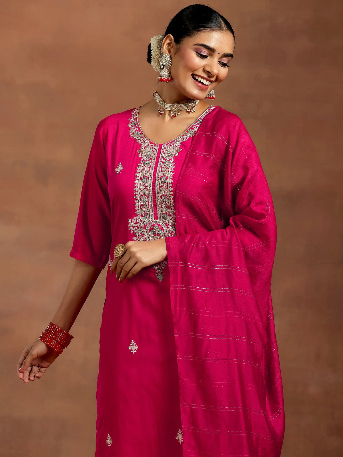 Anouk Pink Yoke Design Silk Blend Straight Suit With Dupatta