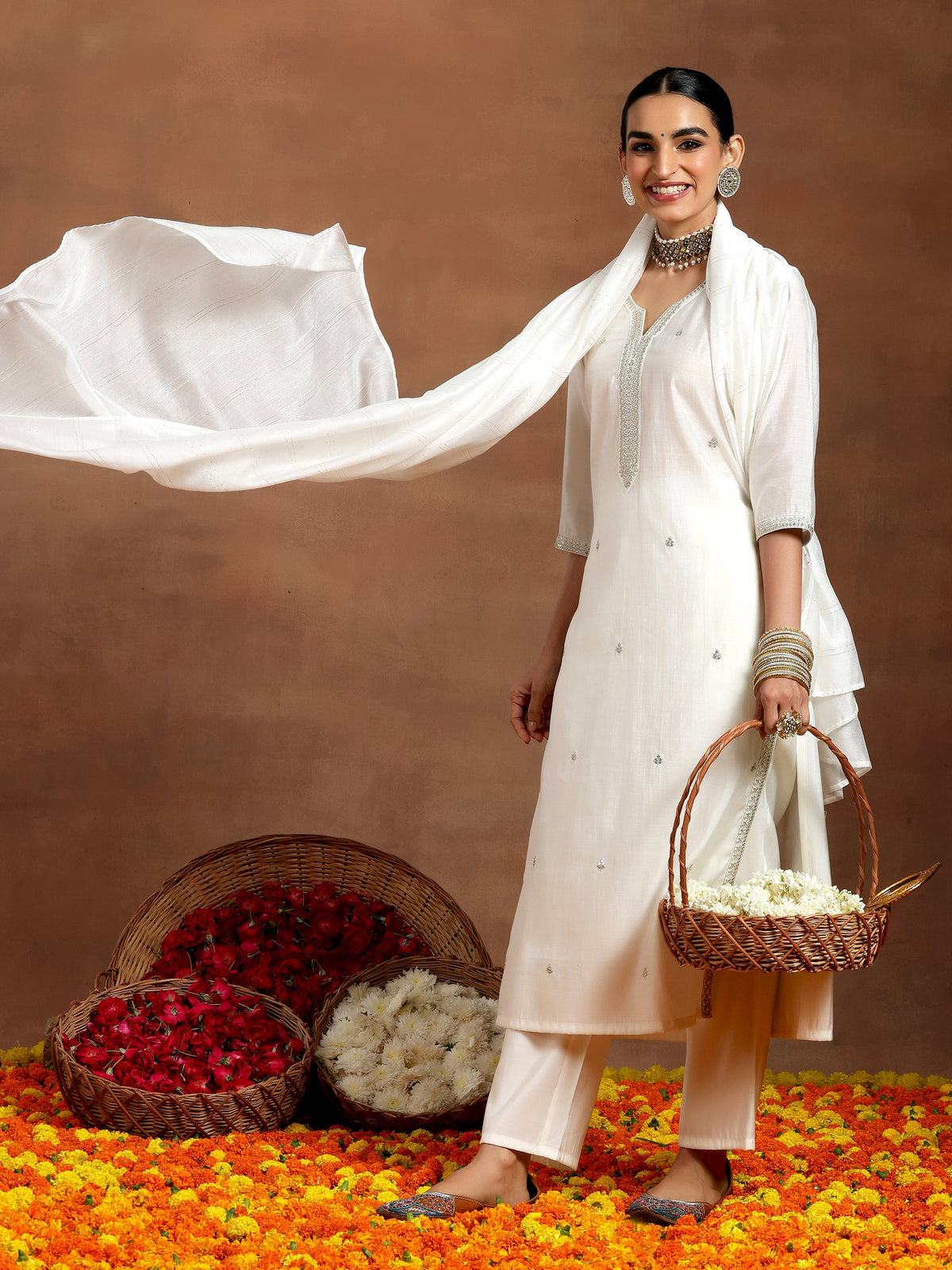 Anouk White Embroidered Silk Blend Straight Suit With Dupatta