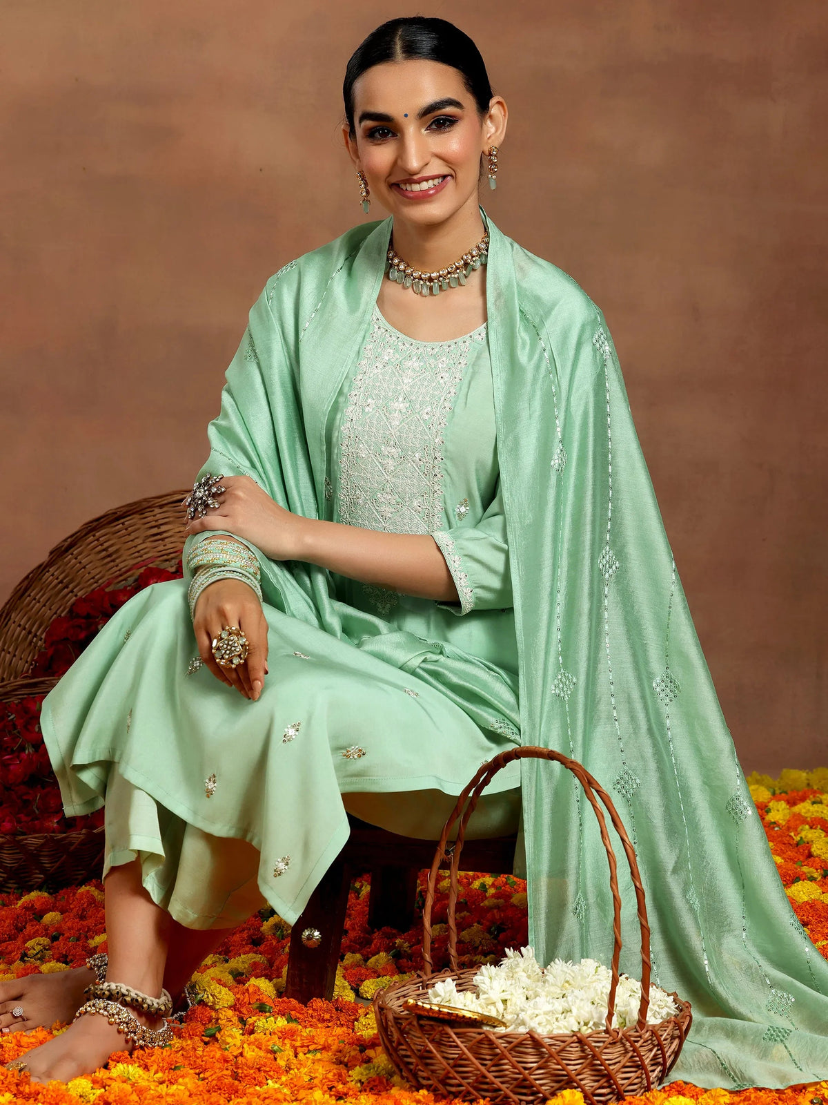 Anouk Green Embroidered Silk Blend Straight Suit With Dupatta