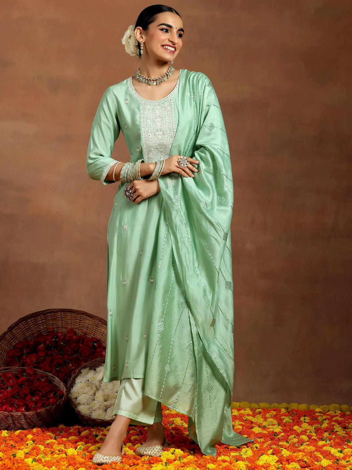 Anouk Green Embroidered Silk Blend Straight Suit With Dupatta