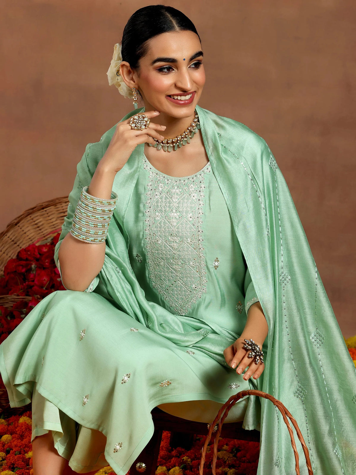 Anouk Green Embroidered Silk Blend Straight Suit With Dupatta