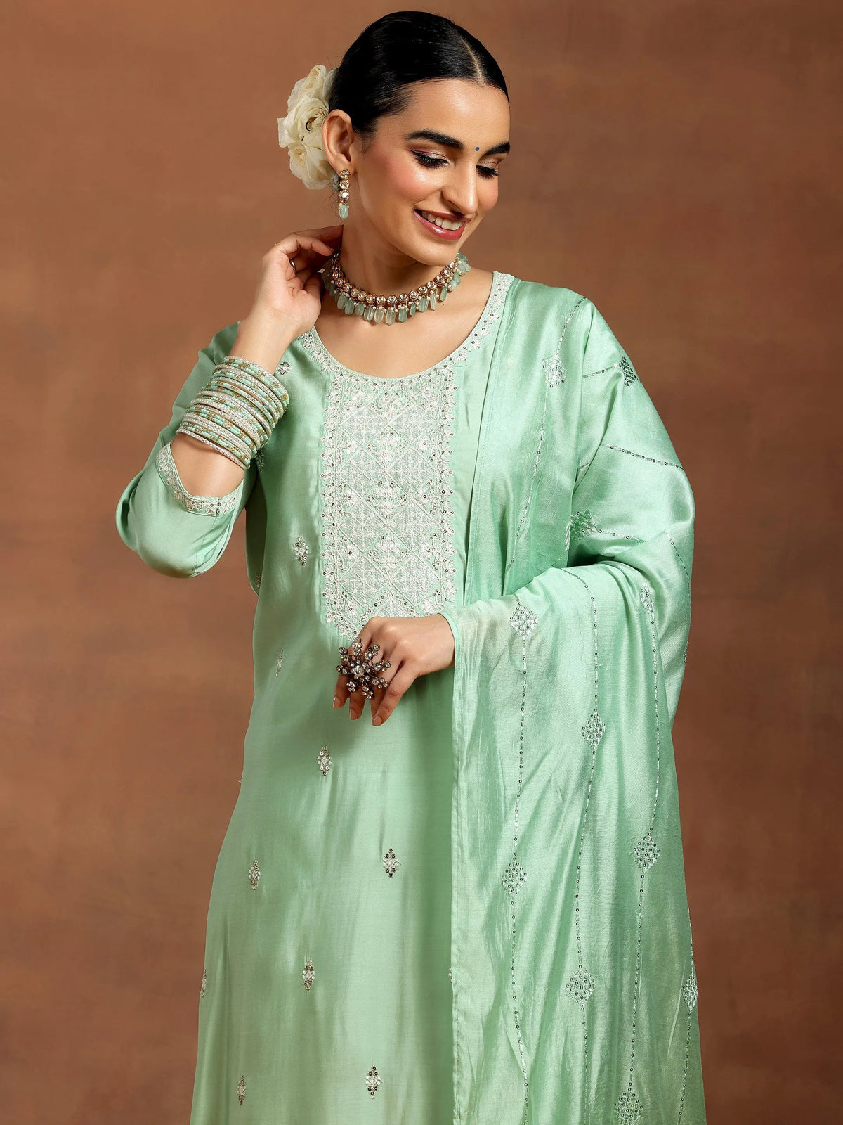 Anouk Green Embroidered Silk Blend Straight Suit With Dupatta