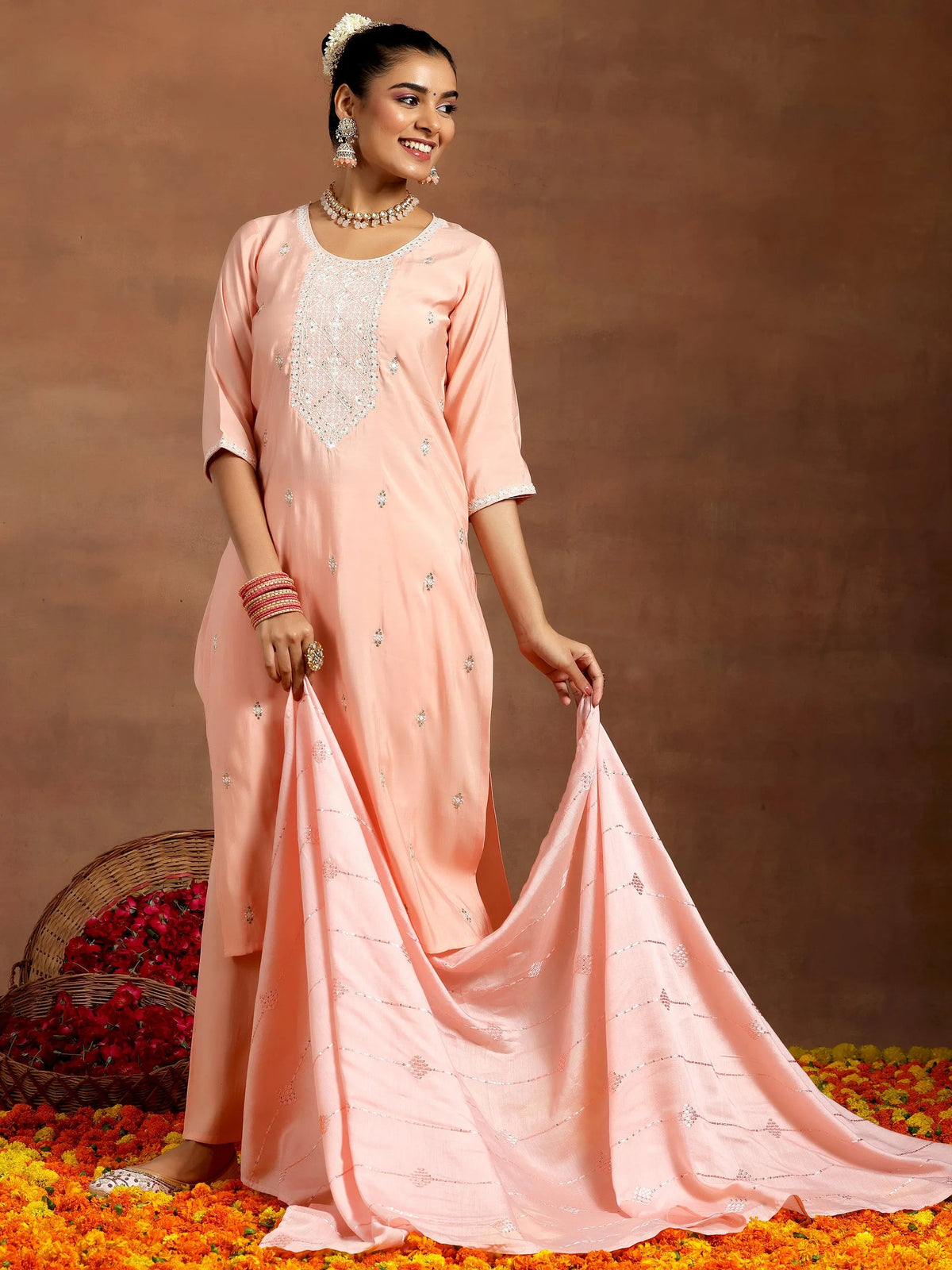 Anouk Peach Yoke Design Silk Blend Straight Suit With Dupatta