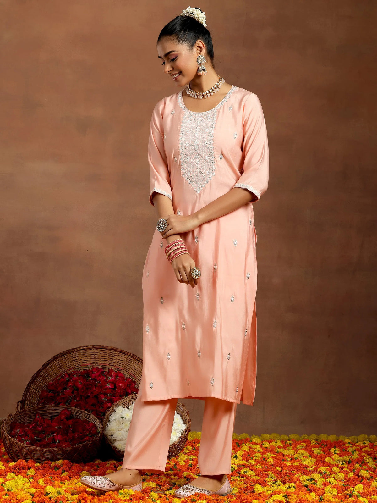 Anouk Peach Yoke Design Silk Blend Straight Suit With Dupatta
