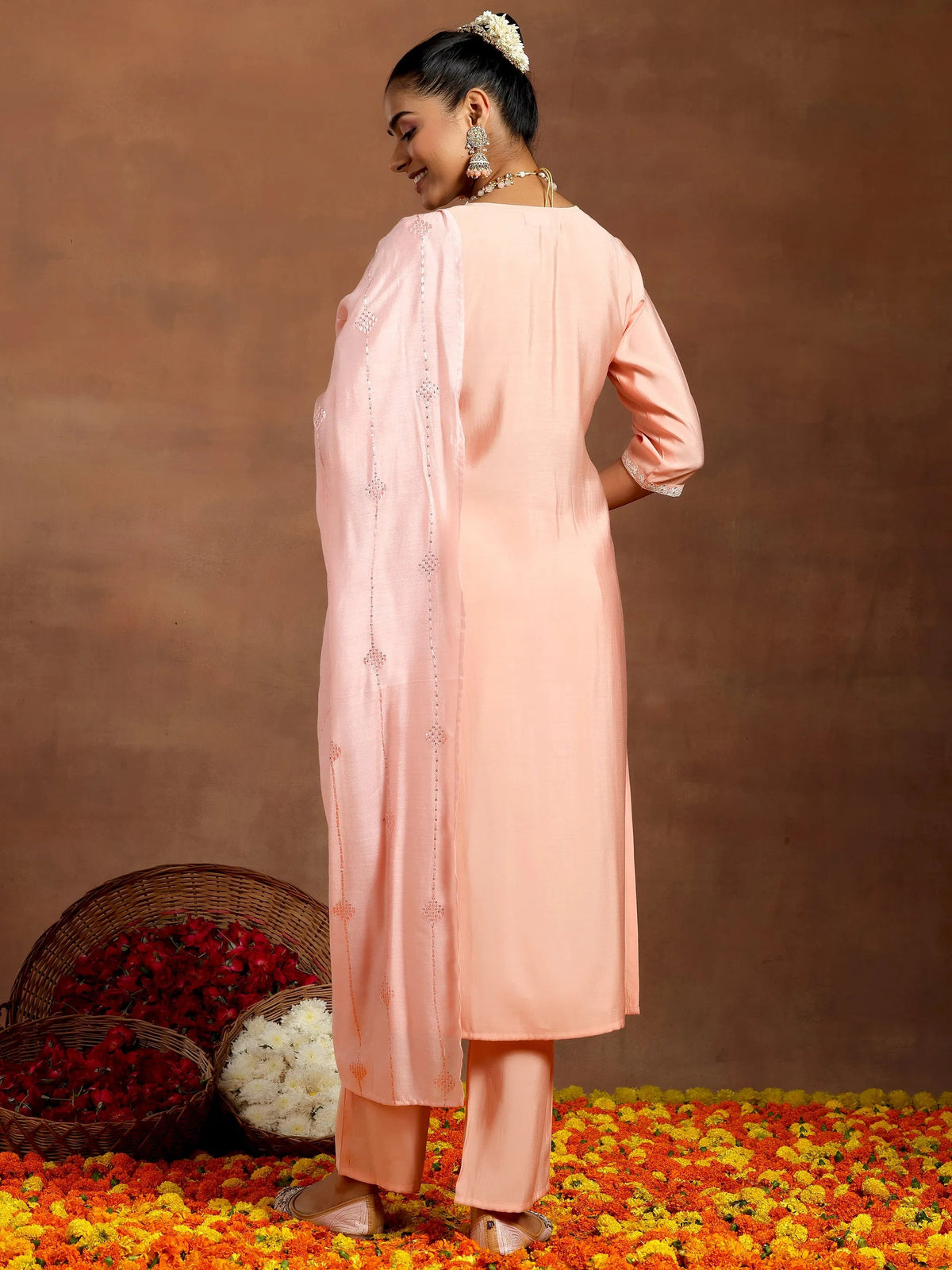 Anouk Peach Yoke Design Silk Blend Straight Suit With Dupatta