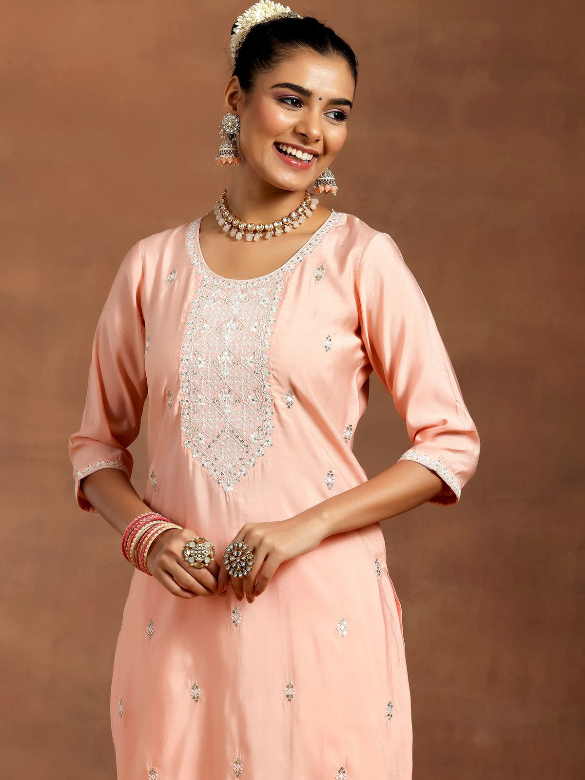 Anouk Peach Yoke Design Silk Blend Straight Suit With Dupatta