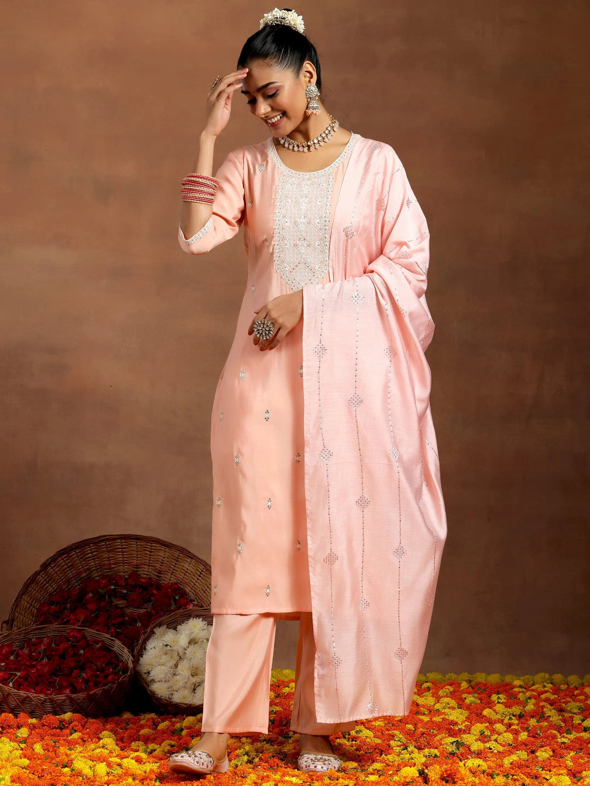 Anouk Peach Yoke Design Silk Blend Straight Suit With Dupatta