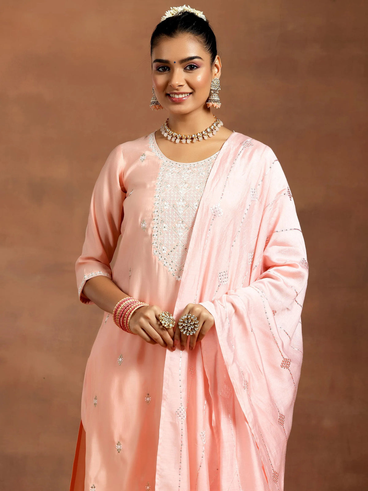 Anouk Peach Yoke Design Silk Blend Straight Suit With Dupatta